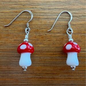 Cute Red Toadstool Mushroom Handmade Earrings on 925 Sterling Silver Hooks